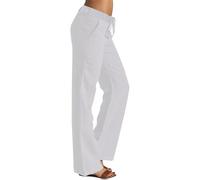 Pantaloni Casual Donna in Cotone e Lino Unicolore con Gambe Larghe - Pantaloni Donna Casual Chic Pantaloni con Coulisse Pant Colore Puro Pantaloni Semplici Pantaloni con Tasche Pantaloni, bianco, M