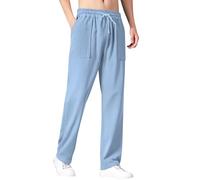 Pantaloni casual estivi in lino sottili gamba dritta pantaloni larghi vita elastica coulisse spiaggia vacanza pantaloni, Azzurro, 3XL