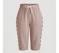 Pantaloni casual in lino a righe comodi e di base per donne taglie forti, adatti per la primavera/estate, pantaloni capri da spiaggia o uso quotidiano con decorazione a bottoni 0XL,1XL,2XL,3XL,4XLA st