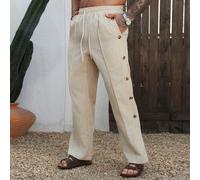 Pantaloni casual larghi da uomo di colore unito, decorati con bottoni a pressione, pantaloni casual di colore unito adatti per vacanze, ideali come regalo per padri, mariti, fidanzati, da indossare al