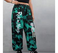 Pantaloni casual oversize da indossare per uscire, festival, stile di strada Y2k, in verde scuro e nero, con stampa tie-dye, lettera e figura, abbinati ad una coulisse 0XL,1XL,2XL,3XL,4XL,5XLTie Dye,s