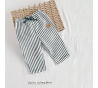Pantaloni casual per bambini maschi con vita elastica e nastro decorativo, comodi e versatili 6-9M,9-12M,12-18M,18-24M,2-3YA striscePoliestere