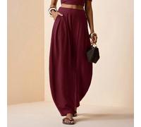 Pantaloni con coulisse, vita elastica e tasche, in lino plissettato marrone, adatti per primavera/estate 2026, festival musicali, Pasqua, San Patrizio, San Valentino, appuntamenti, stile occidentale, 