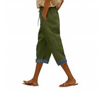 Pantaloni corti a gamba larga da donna, estivi, pantaloni Capri da donna con tasche, pantaloni elasticizzati in vita con tasche, pantaloni harem a blocchi di colore, pantaloni a gamba dritta, Verde, L