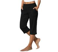 Pantaloni corti beige da donna con bottoni sull'orlo esterno, pull on | Le gambe corte rilassate finiscono sotto il ginocchio, con piccoli bottoni lungo ogni orlo esterno e una chiusura visibile in