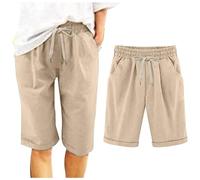 Pantaloni corti da donna 2026 da donna a due strati, orlo pieghevole, gamba dritta, pantaloni per il tempo libero, a vita alta, sportivi, casual, elasticizzati, in lino, colore nero Activewear, cachi