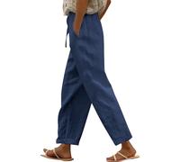 Pantaloni corti da donna, in lino bianco, gamba dritta, comodi, morbidi, elastici, a gamba dritta, tinta unita, in bambù, con tasche, leggeri, traspiranti, estivi, Blu, S