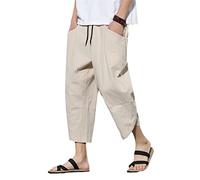Pantaloni corti da uomo in cotone e lino Harem Pantaloncini da spiaggia retrò Streetwear Pantaloni casual al polpaccio Khaki 3xl