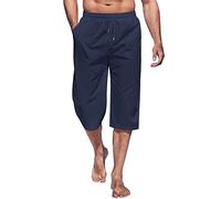 Pantaloni corti da uomo in lino, lunghezza 3/4, pantaloni estivi, bermuda estivi, pantaloni cargo larghi, estivi, pantaloni corti da jogging a gamba larga, per il tempo libero, con elastico, Blu