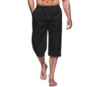 Pantaloni corti da uomo in lino, lunghezza 3/4, pantaloni estivi, bermuda estivi, pantaloni cargo larghi, estivi, pantaloni corti da jogging a gamba larga, per il tempo libero, con elastico, Nero , L