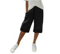 Pantaloni Corti Donna Bermuda Shorts da Spiaggia Pantaloni Corti Casual da Donna con Laterali e Elastico in Vita Tutti i Giorni di Media Lunghezza Pantaloncini Estivi in Lino fluidi a (Black S)