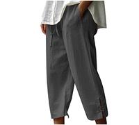 Pantaloni corti in lino da donna, lunghezza 3/4, con coulisse, pantaloni capri, da donna, estivi, tinta unita, con tasche, vestibilità larga, casual, per viaggi, vacanze, tempo libero, Grigio scuro 1,