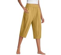 Pantaloni corti in lino da donna, pantaloni in cotone e lino, pantaloni Capri da donna a 3/4 con tasche, pantaloni casual leggeri e confortevoli, pantaloni estivi larghi da spiaggia, Giallo, XL