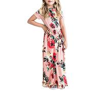 Pantaloni corti ragazza 140 sopra il ginocchio abito manica corta bolla stampa floreale abito lungo principessa gonne ragazza 146-152, Colore: rosa., 6-7 Jahre