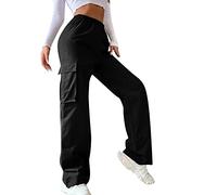 Pantaloni da donna a gamba dritta con tasche, pantaloni cargo taglie forti, vita alta elastica, pantaloni lunghi svasati, comodi, per palestra, corsa, yoga, tuta activewear, Nero , XL