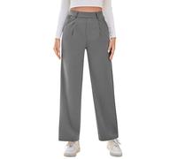Pantaloni da donna a gamba dritta larga, elasticizzati, casual, per il tempo libero, a vita alta, senza lacci, per lavoro, ufficio, lavoro, con tasca, Grigio, M