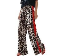 Pantaloni da donna a gamba larga con stampa leopardata bianca e nera con | La stampa animale monocromatica copre le gambe larghe, con una striscia laterale rossa audace lungo ogni cucitura esterna