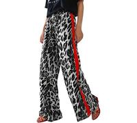 Pantaloni da donna a gamba larga con stampa leopardata bianca e nera con | La stampa animale monocromatica copre le gambe larghe, con una striscia laterale rossa audace lungo ogni cucitura esterna