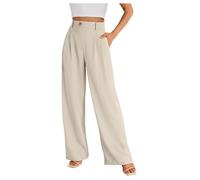 Pantaloni da donna a gamba larga con vita alta, gamba larga, stile comodo per viaggi, lavoro, spiaggia, salotto e vacanze per un facile styling quotidiano, dettagli visibili, Beige, L