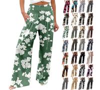 Pantaloni da Donna a Gamba Larga Elasticizzati Vita Alta Spiaggia in Cotone Lino Pantalone Estivi Palazzo (a13-Verde, M)