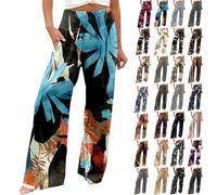 Pantaloni da Donna a Gamba Larga Elasticizzati Vita Alta Spiaggia in Cotone Lino Pantalone Estivi Palazzo (a12-Blu, 3XL)