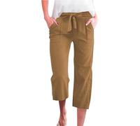 Pantaloni da donna a gamba larga, eleganti capri da donna, estivi, leggeri, a vita alta, con lacci, da spiaggia, con tasche, business, tinta unita, da donna, giallo., XL