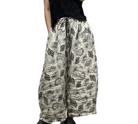 Pantaloni da donna a gamba larga in lino floreale con coulisse in vita pantaloni culottes estivi pantaloni con tasche, Motivo floreale bianco., Taglia Unica