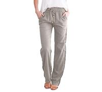 Pantaloni da donna a gamba larga in lino, vestibilità comoda, coulisse in vita con tasche, pantaloni lunghi in stile bohémien, per mercati e giardinaggio, Grigio, XL