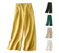 Pantaloni da donna a gamba larga in misto lino, pantaloni estivi a vita alta, vestibilità larga, culottes ritagliati con spacchi laterali, comodi pantaloni casual a gamba dritta per le donne, cachi