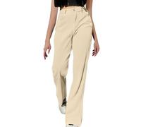 Pantaloni da donna a vita alta, a gamba larga, elasticizzati, in vita, dritto, con tasche e coulisse, traspiranti, ad asciugatura rapida, per il tempo libero, beige., S