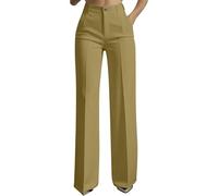 Pantaloni da donna a vita alta a gamba larga, pantaloni formali da lavoro per ufficio con tasche, pantaloni casual a gamba dritta per donne del Regno Unito, cachi, M