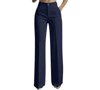 Pantaloni da donna a vita alta a gamba larga, pantaloni formali da lavoro per ufficio con tasche, pantaloni casual a gamba dritta per donne del Regno Unito, Blu scuro, L