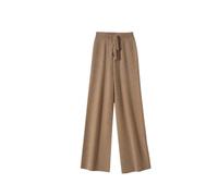 Pantaloni da donna a vita alta in lana a gamba larga tinta unita morbidi caldi pantaloni casual lavorati a maglia, Beige e marrone., XL