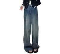 Pantaloni da donna a vita alta, stile E-Girls, streetwear, adatti denim, larghi, dritti, per il tempo libero, Blu, L