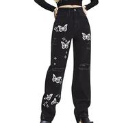 Pantaloni da donna alla moda, con stampa a farfalla, vita alta e gamba dritta, stile street, jeans da donna, taglia 42, Nero , XXL