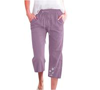 Pantaloni da donna, casual, con denti di leone, a sette punti, in cotone, lino, con vita elastica, per tutti i giorni, a gamba larga, per la casa, da trekking, da spiaggia