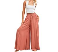 Pantaloni da donna casual, flowy largo, per il tempo libero, a vita alta, con coulisse, pantaloni Palazzo con tasche, arancione/rosso, S
