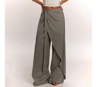 Pantaloni da donna casual per il pendolarismo, grigio-marrone, in tessuto simile al lino, con texture, patchwork asimmetrico, gamba larga, pantaloni larghi con nastro, pantaloni lunghi vintage, pantal