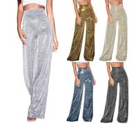 Pantaloni da donna con glitter metallizzati, brillanti, a gamba larga, in argento, per il tempo libero, anni '70, carnevale, discoteca, abbigliamento hippie, pantaloni lunghi, 6-bianco., M