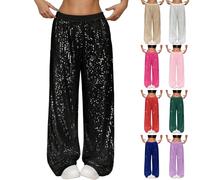 Pantaloni da donna con paillette, pantaloni lunghi con paillette, con brillantini, metallizzati, gamba larga, per il tempo libero, in vita elasticizzata, elegante palazzo, 70 anni '80, discoteca