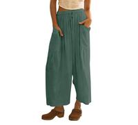 Pantaloni da donna eleganti estivi in cotone e lino, leggeri, in tinta unita, comodi, per il tempo libero, con gamba larga, con tasche, traspiranti, casual, Palazzo, verde, M