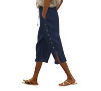 Pantaloni da donna estivi leggeri a 3/4 con bottone laterale, pantaloni larghi da donna fluidi estivi di grandi dimensioni pantaloni spaccati casual taglio cotone e lino vita elastica lacci pantaloni