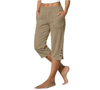 Pantaloni da donna estivi leggeri fluidi in lino a 3/4 a vita alta elastica a taglio dritto con tasche con fessure per le gambe chic ed eleganti linen pantaloni da spiaggia in cotone per le vacanze la