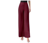 Pantaloni da donna in chiffon leggero con vita alta elastica, pantaloni fluenti, gamba dritta svasata, da donna, da cocktail, da donna, eleganti per cene di lavoro, serate formali, Vino, XXL