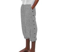 Pantaloni da donna in cotone e lino a righe con cintura elastica e tasca a cintura alta, pantaloni corti pantaloni casual larghi pantaloni casual abiti da donna, Nero , L