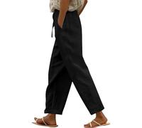 Pantaloni da donna in cotone e lino, pantaloni da yoga corti da donna UK | Pantaloni da spiaggia con coulisse Pantaloni Capri dritti Pantaloni casual leggeri con tasche Pantaloni da salotto da donna