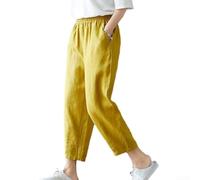 Pantaloni da donna in cotone e lino, pantaloni larghi con elastico in vita, pantaloni a nona lunghezza, casual, estivi, traspiranti, per abbigliamento artistico, bianco, taglia M (3XL giallo)