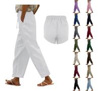Pantaloni da donna in lino, 7/8, per il tempo libero, in tinta unita, leggeri, da donna, slim fit, in tessuto, a vita alta, da corsa, pantaloni dritti, verde, L