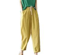 Pantaloni da donna in lino di cotone tinta unita casual alla caviglia pantaloni con lacci in vita pantaloni larghi, Huang Se, XL