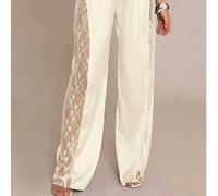 Pantaloni da donna in raso a gamba larga, pantaloni lunghi con patchwork in pizzo e vita con coulisse, elegante abbigliamento casual bianco da casa, adatto per vacanze al mare L,M,S,XLColore unicoTess